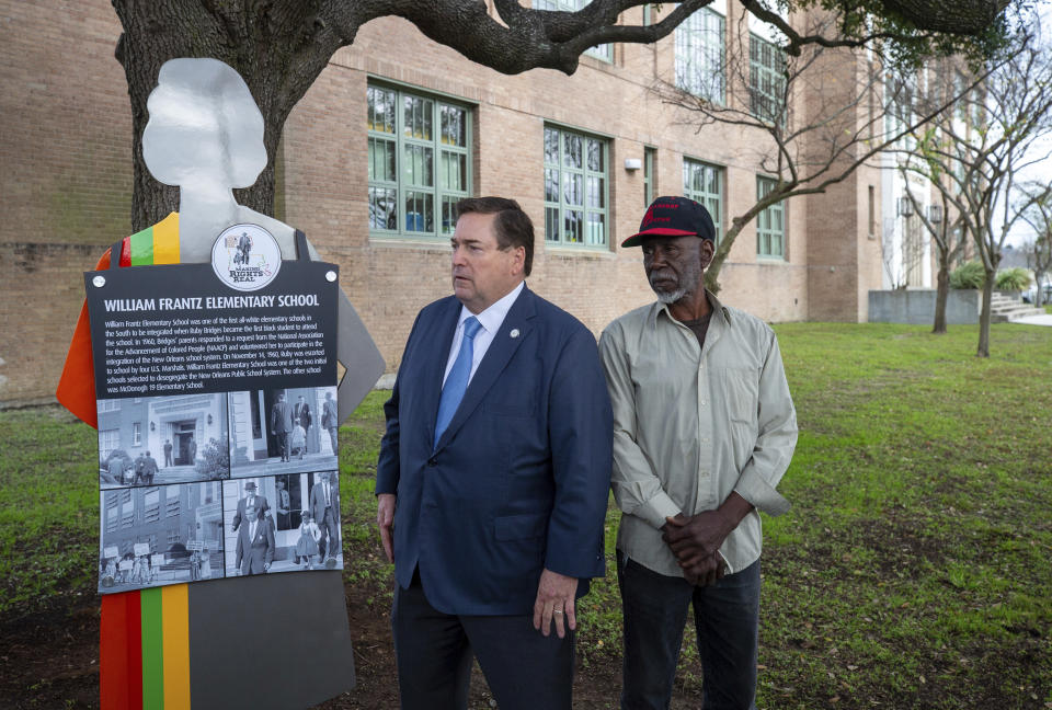 Louisiana Lt. Gov. Billy Nungesser stands with Ruby Bridges' younger brother Carl after a new Civil Rights Trail marker is unveiled at William T. Frantz Elementary School, now named Akili Academy, where Ruby Bridges attended and made Civil Right history, in New Orleans on Thursday, Jan. 12, 2023. (David Grunfeld/The Times-Picayune/The New Orleans Advocate via AP)