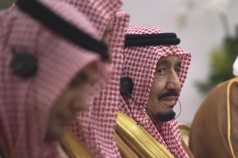 Saudi King Salman attends a bilateral meeting at the presidential palace in Bogor, Indonesia, Wednesday, March 1, 2017. Salman arrived in the world's largest Muslim nation on Wednesday as part of a multi-nation tour aimed at boosting economic ties with Asia. (Adek Berry/Pool Photo via AP)