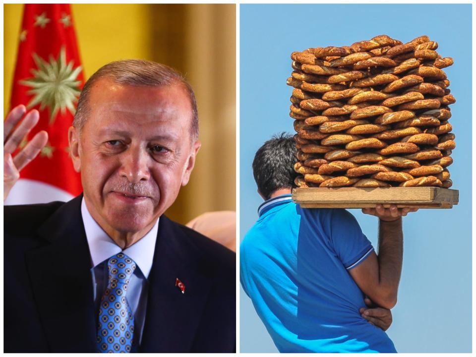 A side-by-side showing President Recep Tayyip Erdoğan, left, and a Turkish street vendor carrying a tray of simit, viewed from behind.