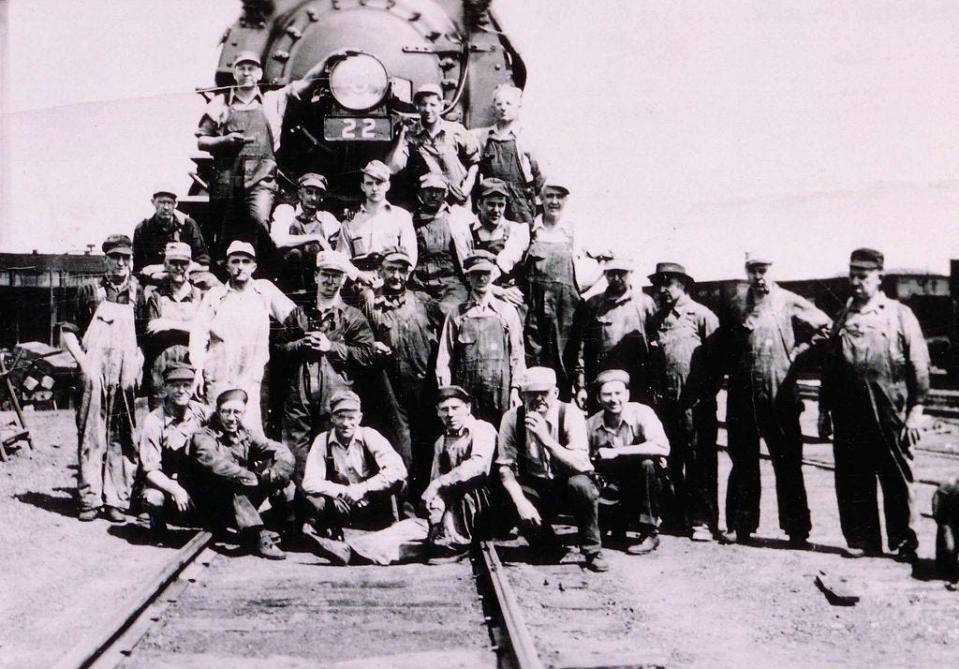 Line members of the Detroit and Toledo Shore Line (D&TSL) Railroad are pictured. The D&TSL was formed from the merger of Michigan’s Pleasant Bay Railway and Ohio’s Toledo and Ottawa Beach Railway in 1899. Parts of the D&TSL interurban line were sold and connected with the Toledo and Monroe Railway that ran for many years in Monroe and surrounding areas.