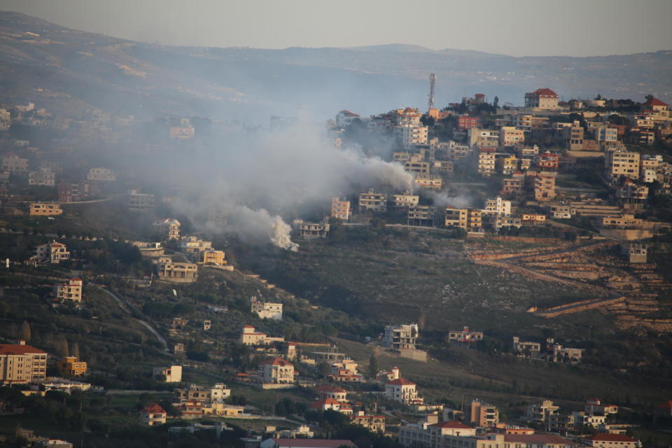 Smoke rises after an Israeli strike on the town of Khiam in southern Lebanon on January 7, 2024. / Credit: Ramiz Dallah/Anadolu/Getty