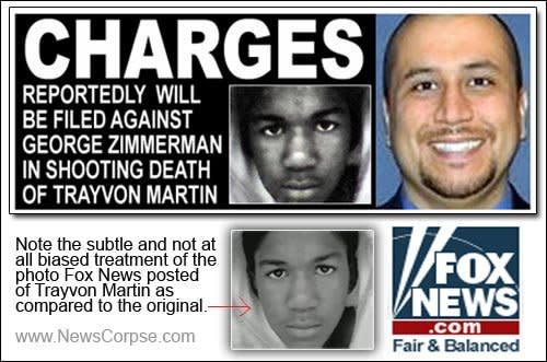 <a href="http://www.huffingtonpost.co.uk/2012/03/31/trayvon-martin-george-zimmerman-us-embassy_n_1393461.html" target="_blank">During coverage of the shooting of Trayvon Martin,</a> Fox were accused of <a href="http://www.newscorpse.com/ncWP/?p=6851" target="_blank">darkening a photo of the black teenager</a> to make him look more menacing compared to a picture of the shooter, George Zimmerman, who wore a beaming smile in a colour photo.