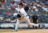 New York Yankees starting pitcher Gerrit Cole throws against the Milwaukee Brewers during the first inning of a baseball game, Sunday, Sept.10, 2023, in New York. (AP Photo/Noah K. Murray)