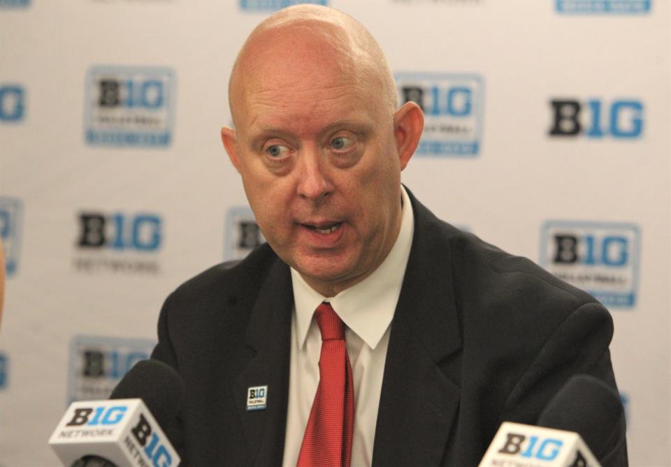 University of Wisconsin volleyball coach Kelly Sheffield answers questions during Big Ten media day at the Big Ten Studios in Chicago on Tuesday Aug. 2, 2022.