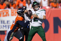 New York Jets quarterback Zach Wilson (2) is sacked by Denver Broncos outside linebacker Von Miller (58) during the first half of an NFL football game, Sunday, Sept. 26, 2021, in Denver. (AP Photo/Jack Dempsey)