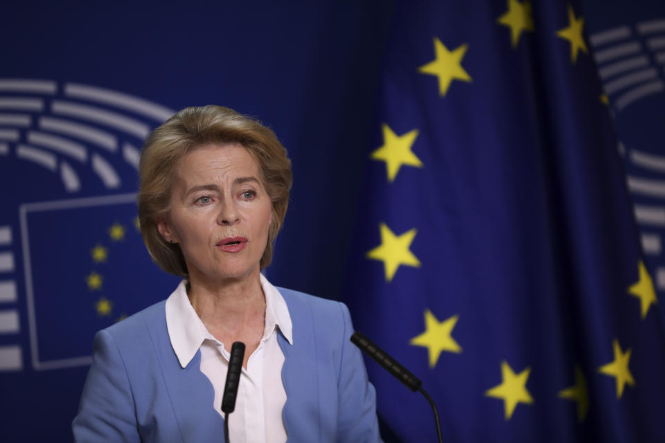 German Defense Minister and candidate for European Commission President Ursula von der Leyen gives a statement next to new elected President of the European Parliament David Sassoli after their meeting at the European Parliament in Brussels, Wednesday, July 10, 2019. European Parliament groups are grilling the German candidate for European Commission president before they take a vote on her appointment next week. (AP Photo/Francisco Seco)