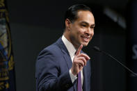 In this Jan. 16, 2019, photo, Julian Castro, former U.S. Secretary of Housing and Urban Development and candidate for the 2020 Democratic presidential nomination, speaks at Saint Anselm College in Manchester, N.H. (AP Photo/Mary Schwalm)