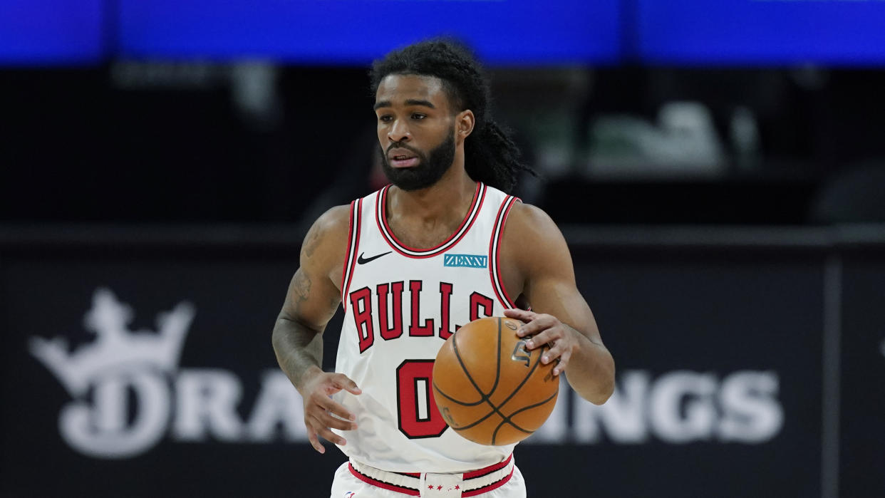Chicago Bulls guard Coby White plays during the first half of an NBA basketball game, Sunday, May 9, 2021, in Detroit. (AP Photo/Carlos Osorio)
