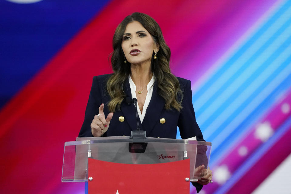 FILE - South Dakota Gov. Kristi Noem speaks at the Conservative Political Action Conference (CPAC), Feb. 25, 2022, in Orlando, Fla. Presidential aspirants running for reelection to their current jobs while dreaming of the highest office in the land often face a dilemma during their campaigns. (AP Photo/John Raoux, File)