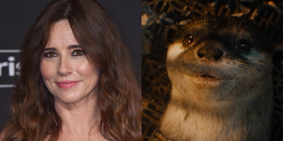 On the left: Linda Cardellini at the LA premiere of "Guardians of the Galaxy Vol. 3." On the right: Lylla, voiced by Cardellini, in "Guardians of the Galaxy Vol. 3."