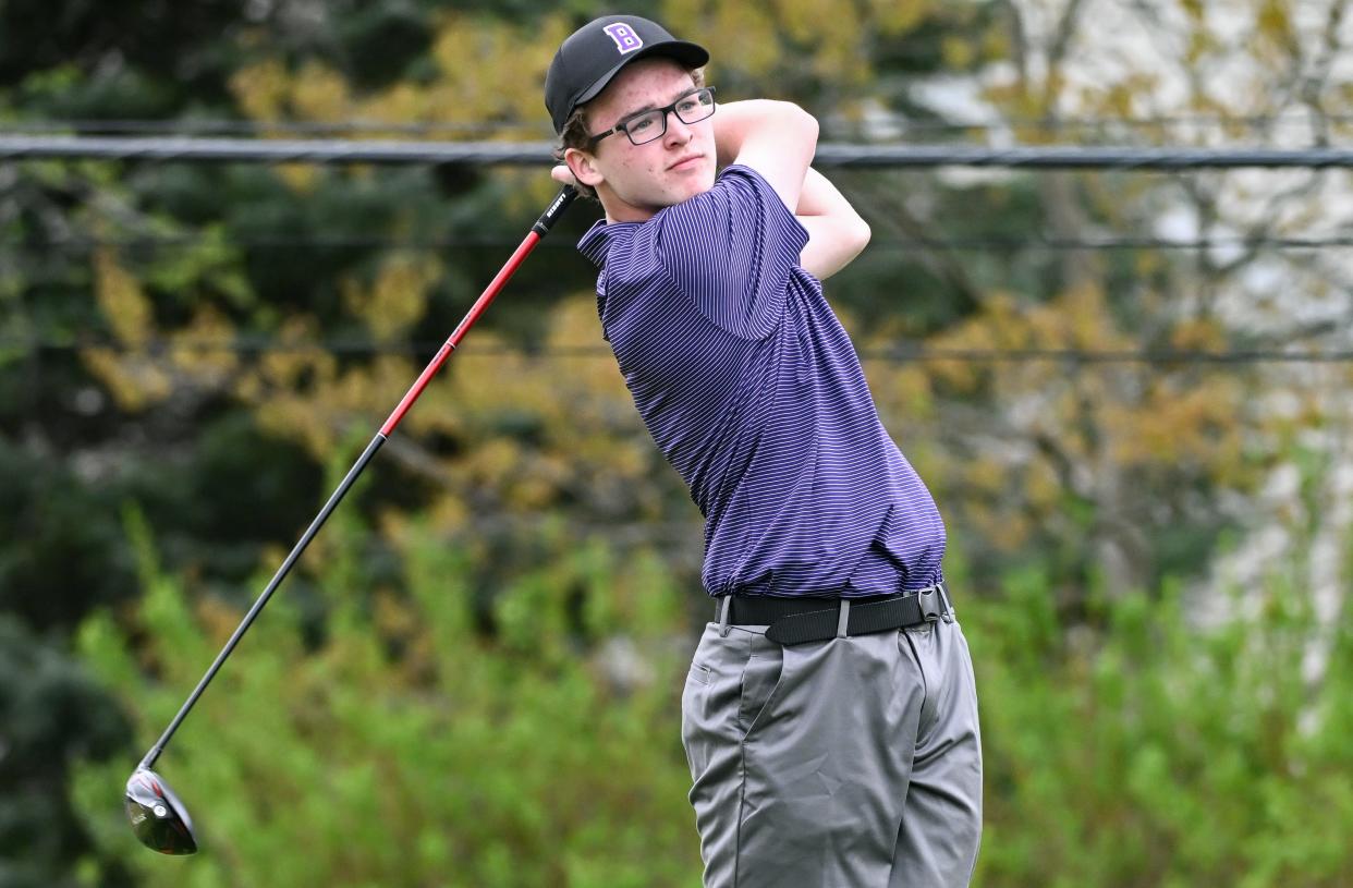 Bloomington South’s Colton Watson watches a tee shot during the golf match against Edgewood at Cascades Golf Course on Tuesday, April 9, 2024.