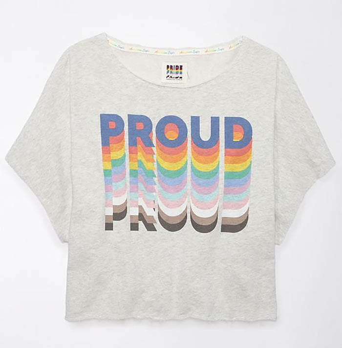 fashion brands donating to lgbtq charities, donations, pride month 2024 collection merch fashion brands, rainbow flag and colors, american eagle pride 2024 collection, proud shirt, it gets better project