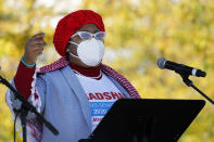 Marquita Bradshaw, the Tennessee Democratic nominee for U.S. Senate, speaks before a Power Together Women's March Saturday, Oct. 17, 2020, in Nashville, Tenn. Dozens of Women's March rallies were planned from New York to San Francisco to signal opposition to President Donald Trump and his policies, including the push to fill the seat of late Supreme Court Justice Ruth Bader Ginsburg before Election Day. (AP Photo/Mark Humphrey)