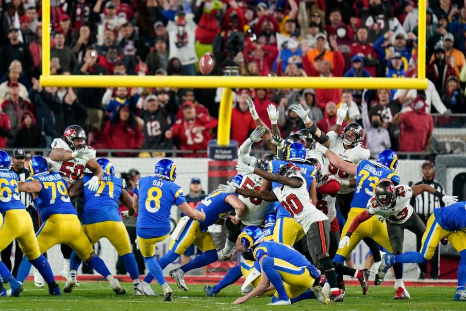 Los Angeles Rams’ Matt Gay (8) kicks a 30-yard field goal to defeat the Tampa Bay Buccaneers 30-27 in the NFL divisional round (John Raoux/AP) (AP)