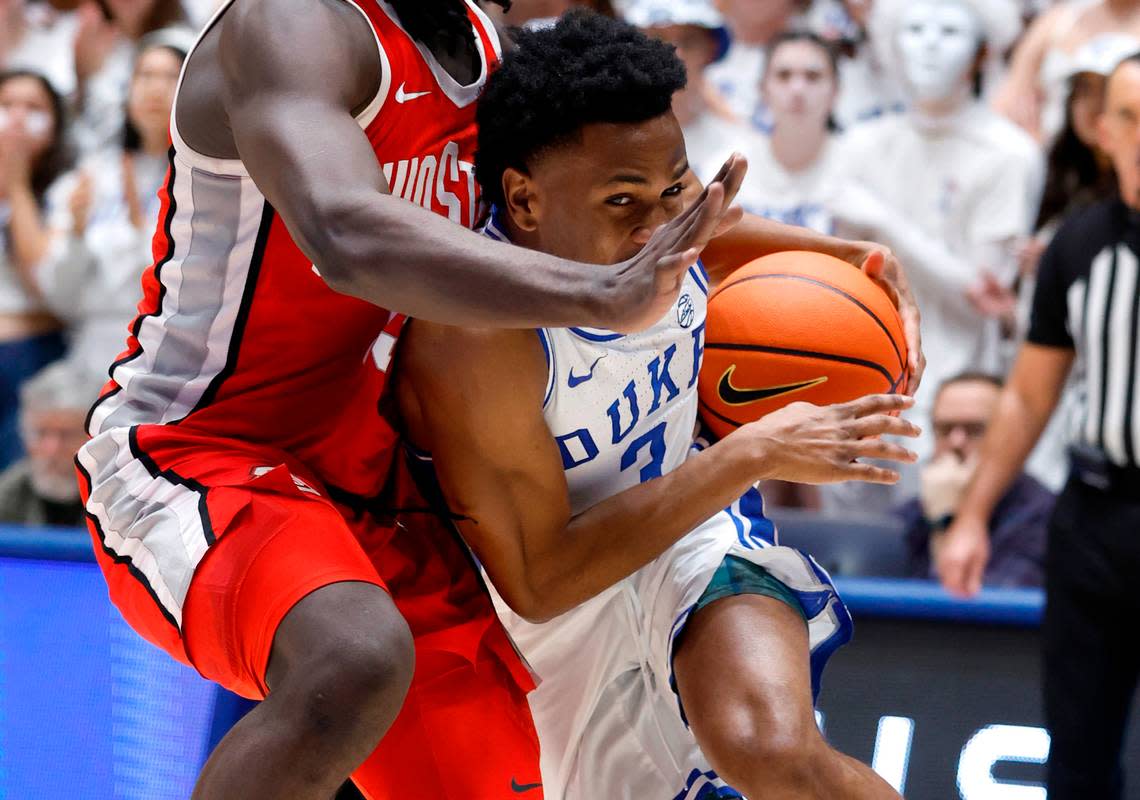Duke’s Jeremy Roach (3) drives around Ohio State’s Isaac Likekele (13) during the first half of Duke’s game against Ohio State at Cameron Indoor Stadium in Durham, N.C., Wednesday, Nov. 30, 2022.