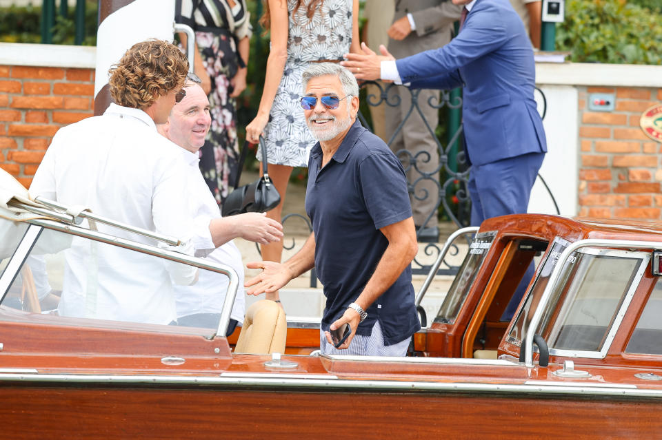George Clooney is seen arriving at Hotel Cirpiani ahead of the 80th Venice Film Festival on Tuesday