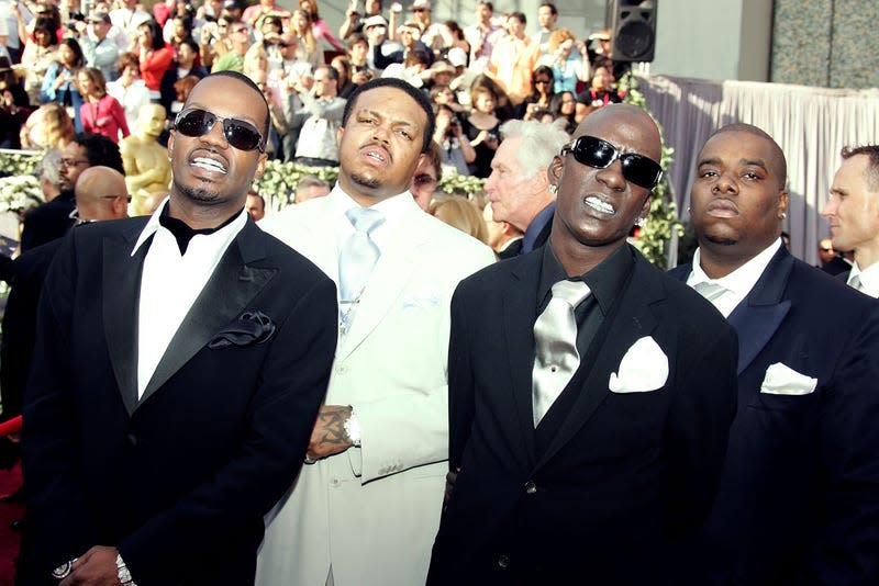 (L-R) Three 6 Mafia, DJ Paul, Juicy J, Project Pat, and Crunchy Black arrive to the 78th Annual Academy Awards at the Kodak Theatre on March 5, 2006 in Hollywood, California. 