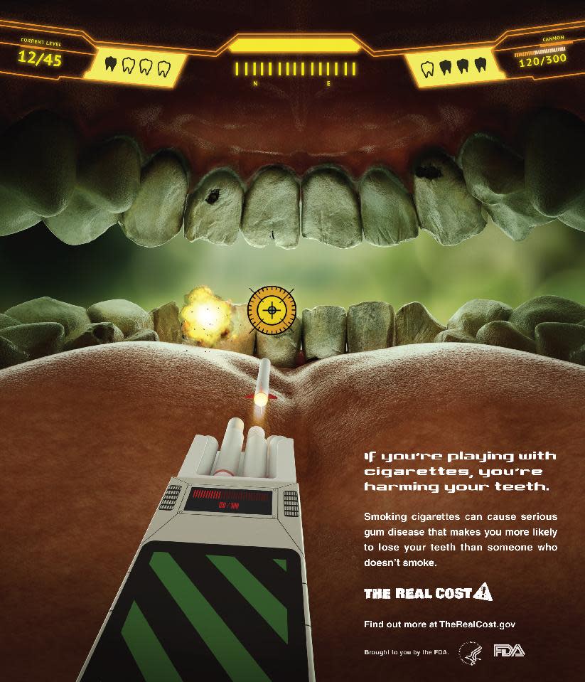 This undated image provided by the Food and Drug Administration shows the federal agency's new ad campaign featuring yellow teeth to show the costs associated with cigarette smoking. The federal agency said Tuesday, Feb. 4, 2014, it is launching a $115 million multimedia education campaign called “The Real Cost” that’s aimed at stopping teenagers from smoking and encouraging them to quit. Advertisements will run in more than 200 markets throughout the U.S. for at least one year beginning Feb. 11. (AP Photo/Food and Drug Administration)