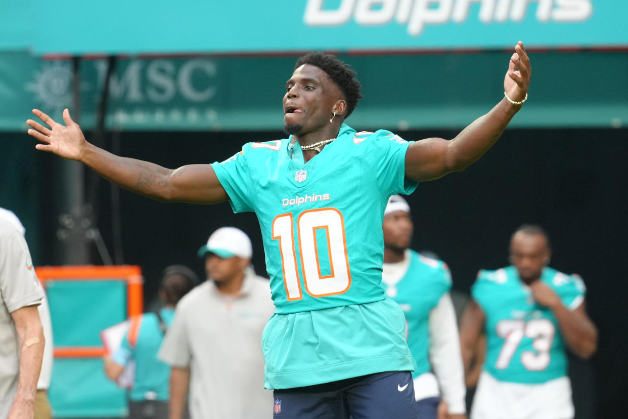 MIAMI GARDENS, FL - AUGUST 09: Miami Dolphins wide receiver Tyreek Hill (10) enters the field with flair before the game between the Atlanta Falcons and the Miami Dolphins on Friday, August 9, 2024 at Hard Rock Stadium in Miami Gardens, Fla.(Photo by Peter Joneleit/Icon Sportswire via Getty Images)