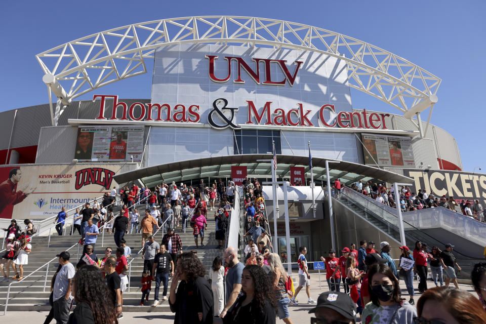 Culinary Union members file out after casting their ballots during a strike vot,e Tuesday, Sept. 26, 2023, at Thomas & Mack Center on the UNLV campus in Las Vegas. Tens of thousands of hospitality workers who keep the iconic casinos and hotels of Las Vegas humming were set to vote Tuesday on whether to authorize a strike amid ongoing contract negotiations. (K.M. Cannon/Las Vegas Review-Journal via AP)