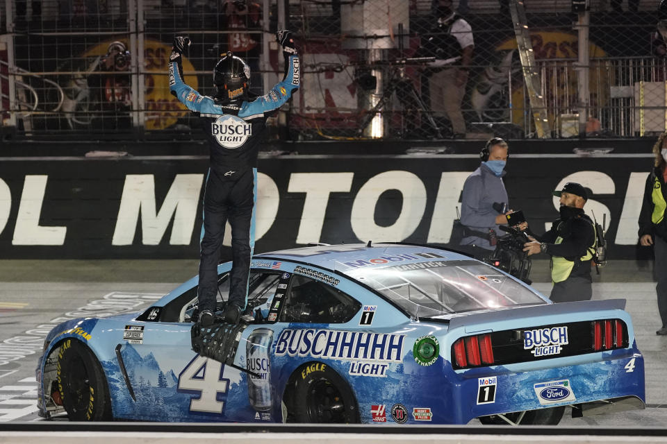 Kevin Harvick celebrates winning the NASCAR Cup Series auto race Saturday, Sept. 19, 2020, in Bristol, Tenn. (AP Photo/Steve Helber)