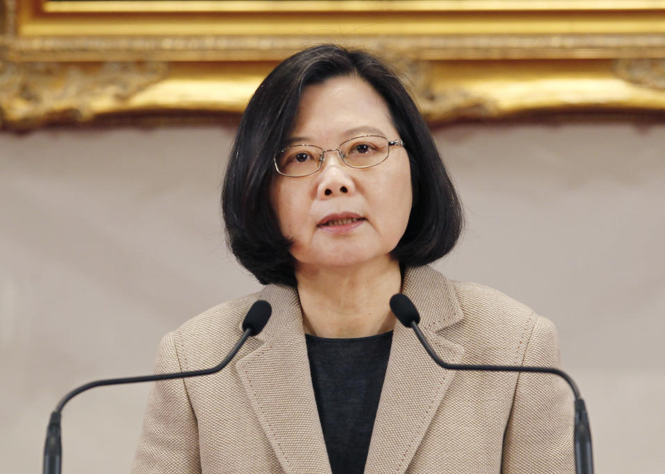 Taiwanese President Tsai Ing-wen delivers a speech during the New Year press conference in Taipei, Taiwan, Tuesday, Jan. 1, 2019. Taiwan's leader said Tuesday the people of the island want to maintain self-rule despite recent electoral gains by the Beijing-friendly opposition party. Taiwanese officials should not enter into any secret dialogue with China, President Tsai warned in a New Year's speech.(AP Photo/Chiang Ying-ying)