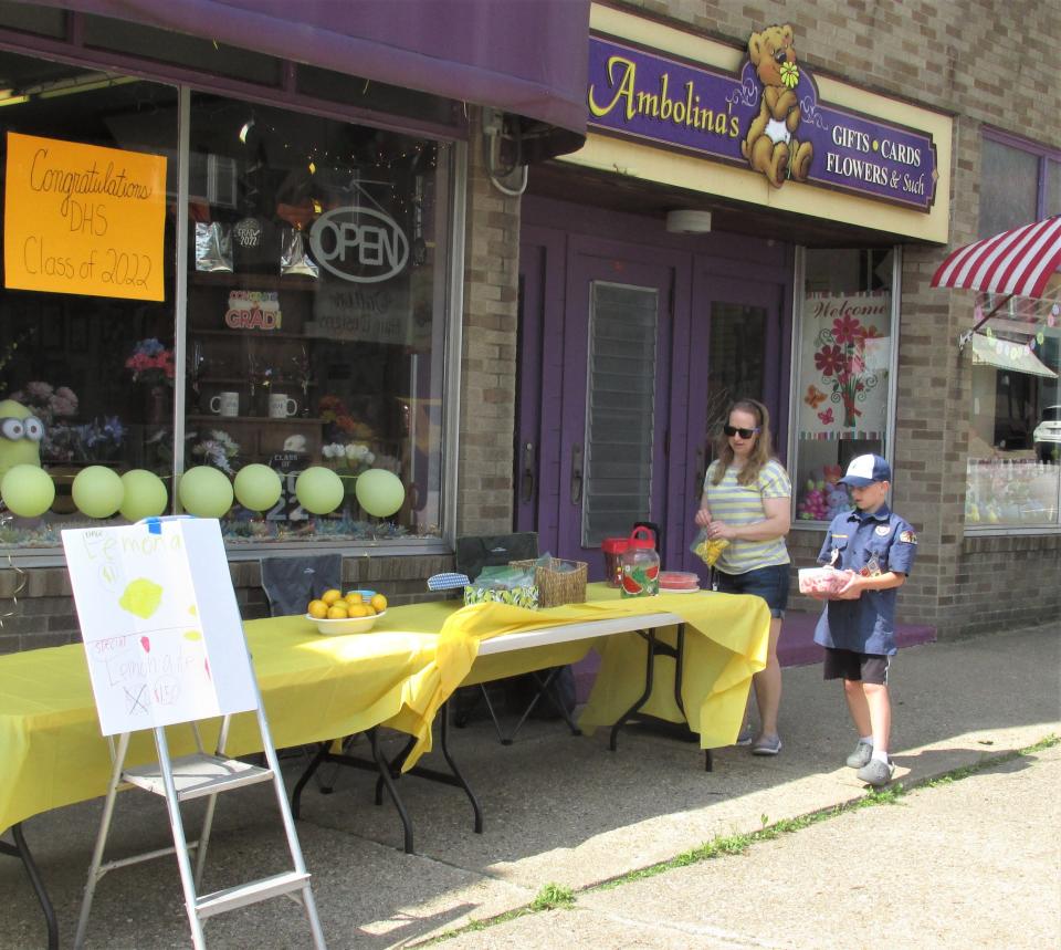 Henry Miller helps his mother, Jen Grimm, set up Lemon Boys Lemonade Stand outside of Ambolina's Gifts, Cards Flowers and Such on West Main Street in Dalton. Miller was raising money to support his Cub Scout Troop 868 in Dalton as part of Saturday's Lemonade Day through the Wooster Area Chamber of Commerce.