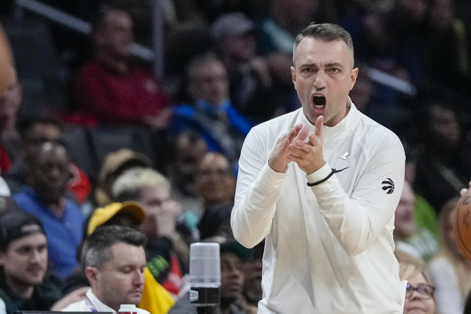 Toronto Raptors head coach Darko Rajakovic directs his team during the second half of an NBA basketball game against the Washington Wizards, Wednesday, Dec. 27, 2023, in Washington. Raptors won 132-102. (AP Photo/Alex Brandon)