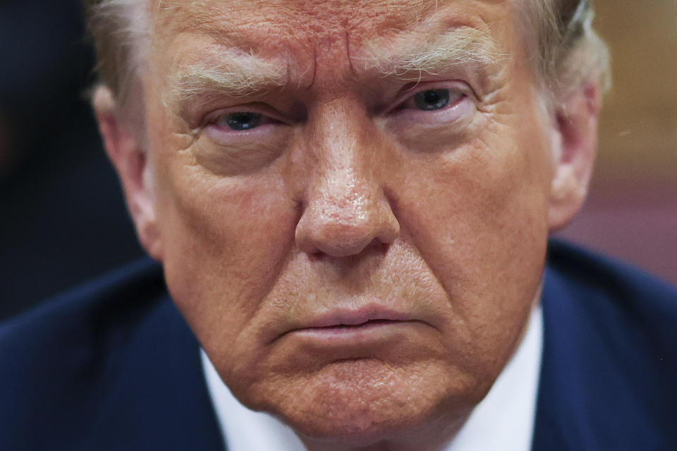 Former President Donald Trump awaits the start of proceedings during jury selection at Manhattan criminal court, Thursday, April 18, 2024 in New York.(Brendan McDermid/Pool Photo via AP)