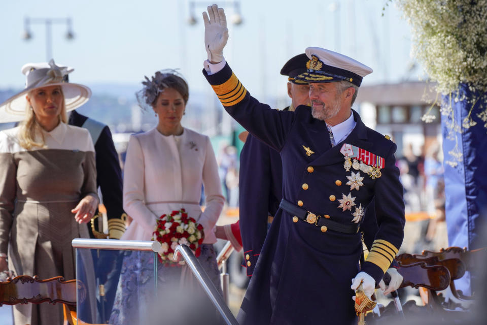 King Frederik of Denmark waves on his official state visit to Norway, in Oslo Tuesday, May 14, 2024. (Erik Flaaris Johansen/NTB Scanpix via AP)