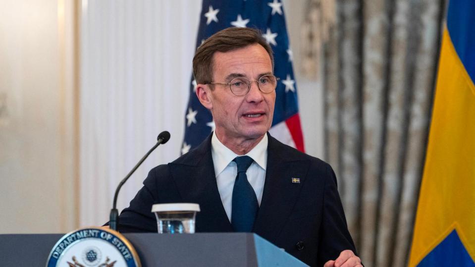 PHOTO: Swedish Prime Minister Ulf Kristersson speaks during the NATO ratification ceremony with US Secretary of State Antony Blinken at the US State Department, as Sweden formally joins the North Atlantic alliance, in Washington, DC, on March 7, 2024. (Andrew Caballero-reynolds/AFP via Getty Images)