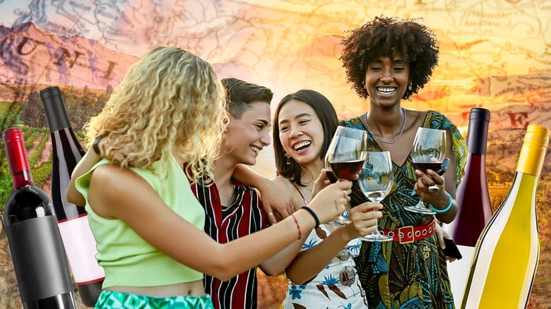 friends clinking wine glasses outdoors