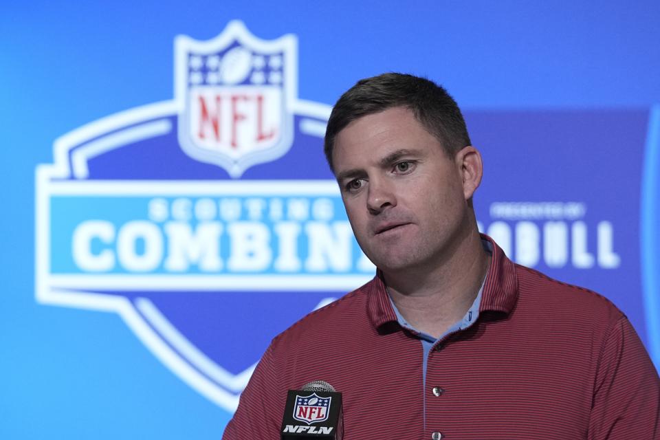 Cincinnati Bengals head coach Zac Taylor speaks during a news conference at the NFL football scouting combine, Tuesday, Feb. 28, 2023, in Indianapolis. (AP Photo/Darron Cummings)