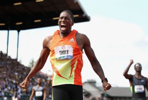 Michael Tinsley celebrates after winning the men's 400m hurdles final at the US Olympic Track and Field Trials on July 1. Tinsley was a shock 400m hurdles winner in 48.33, booking a surprise trip to his first Olympics at age 28