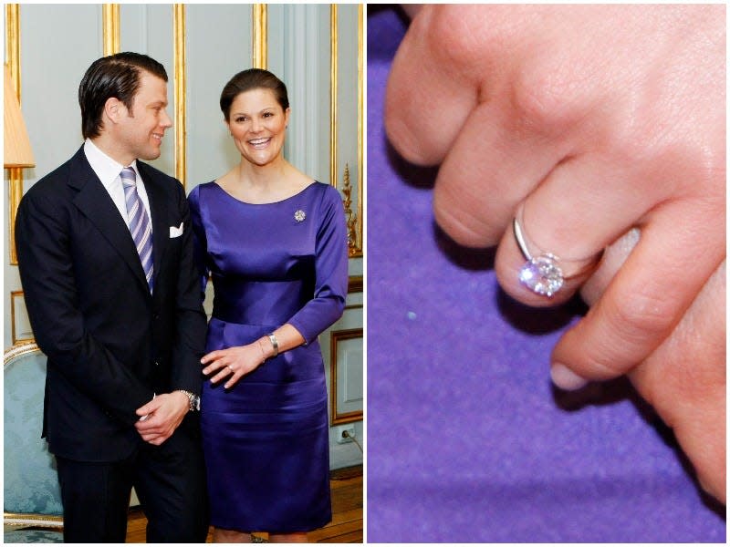 LEft: Crown Princess Victoria of Sweden and Mr. Daniel Westling announce their engagement. Right: A close up photo of the engagement ring.