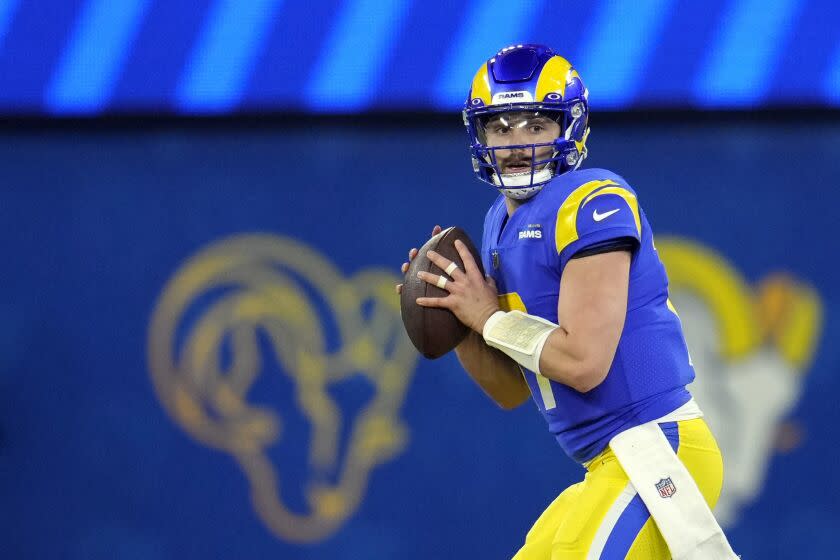 Los Angeles Rams quarterback Baker Mayfield prepares to throw during the second half.