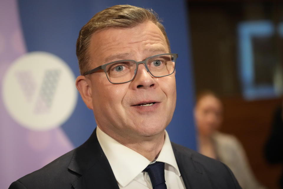 National Coalition Party chair Petteri Orpo speaks at the Finnish parliamentary elections media reception at the Finnish Parliament in Helsinki, Finland, on Sunday, April 2, 2023. (AP Photo/Sergei Grits)