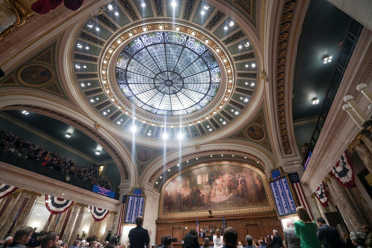 Gov. Tony Evers delivers his 2023-2025 Biennial Budget message Wednesday, Feb. 15, 2023, inside of the Assembly Chamber at the Wisconsin State Capitol.