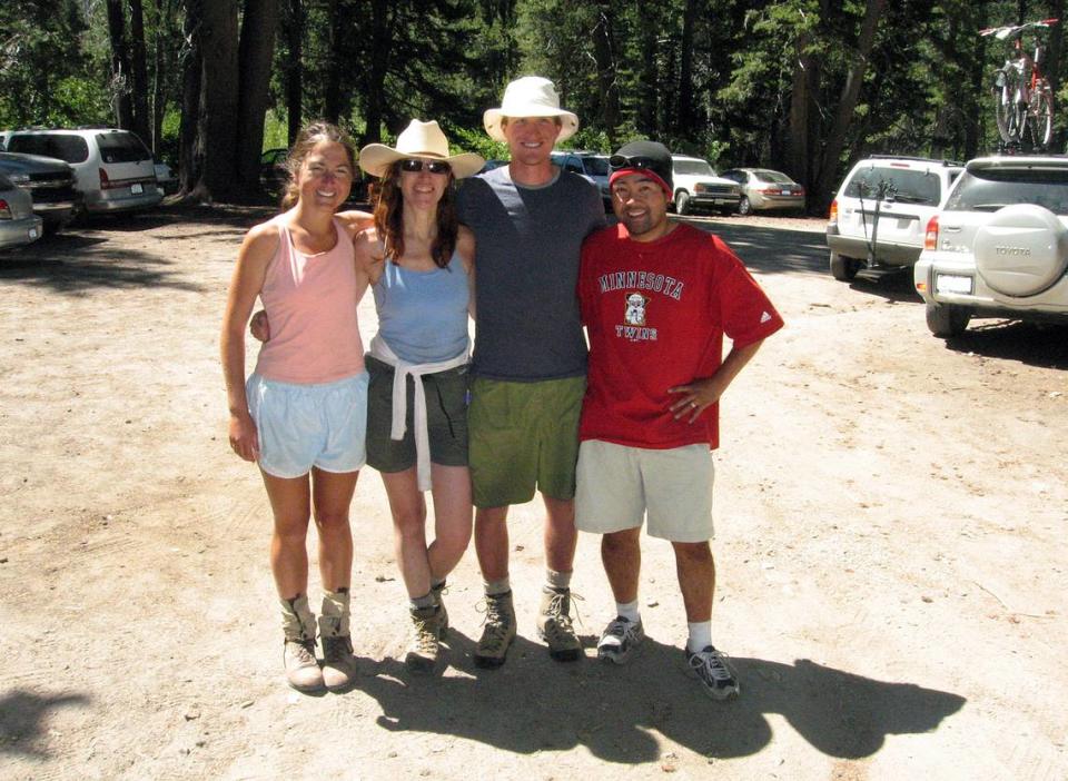 Hiking the John Muir Trail in the southern Sierra were Emily Franciskovich, left, Diana Marcum, Jim Hurley and Darrell Wong. This photo was taken after they came off the trail at the Agnew Meadow trailhead on Aug. 15, 2006. Eric Paul Zamora/Fresno Bee file