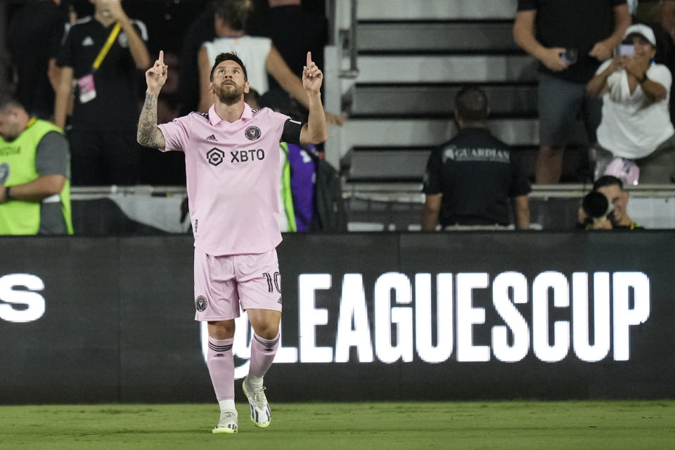 Inter Miami forward Lionel Messi (10) celebrates after scoring against Orlando City during the first half of a Leagues Cup soccer match Wednesday, Aug. 2, 2023, in Fort Lauderdale, Fla. (AP Photo/Rebecca Blackwell)