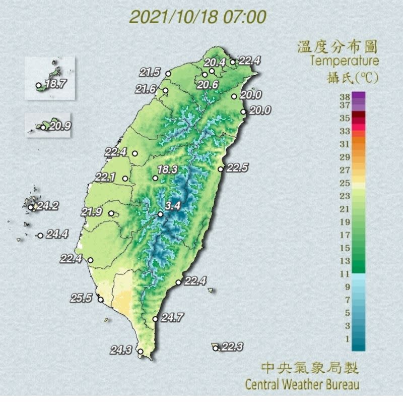 ▲今晨5點各地低溫。（圖／氣象局）