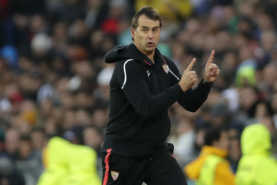 Sevilla's head coach Julen Lopetegui gestures during the Spanish La Liga soccer match between Real Madrid and Sevilla at Santiago Bernabeu stadium in Madrid, Saturday, Jan. 18, 2020. (AP Photo/Manu Fernandez)