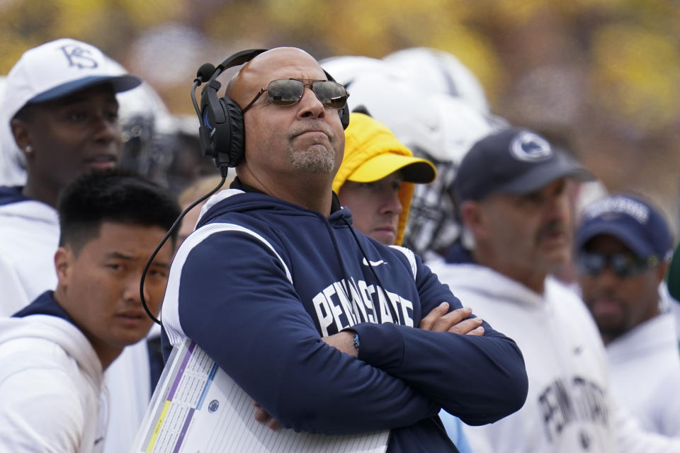 Penn State head coach James Franklin watches against Michigan in the first half of an NCAA college football game in Ann Arbor, Mich., Saturday, Oct. 15, 2022. (AP Photo/Paul Sancya)