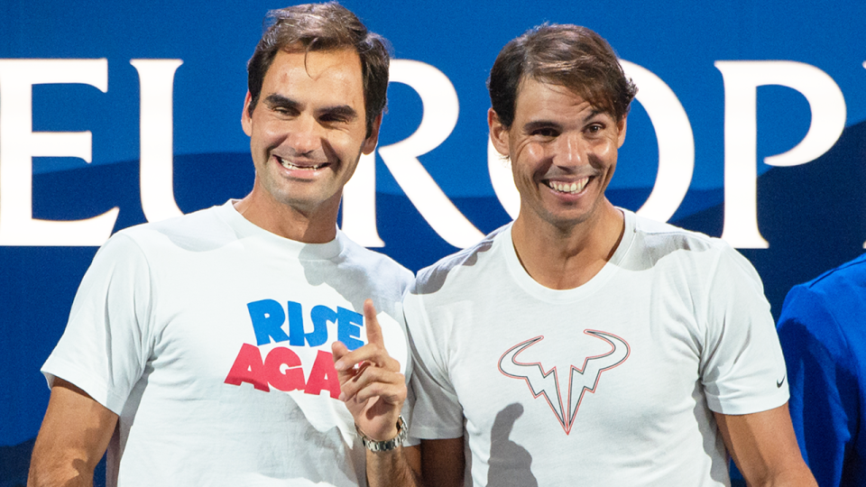 Roger Federer (pictured left) shares a laugh with Rafa Nadal (pictured right) at the Laver Cup.