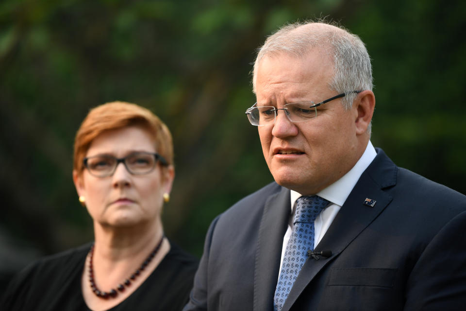 Scott Morrison and Foreign Minister Marise Payne address the media at Kirribilli House on Tuesday. Source: AAP