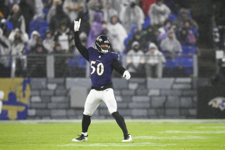 Baltimore Ravens linebacker Kyle Van Noy reacts after a play against the Pittsburgh Steelers during the second half of an NFL football game, Saturday, Jan. 6, 2024 in Baltimore. (AP Photo/Nick Wass)