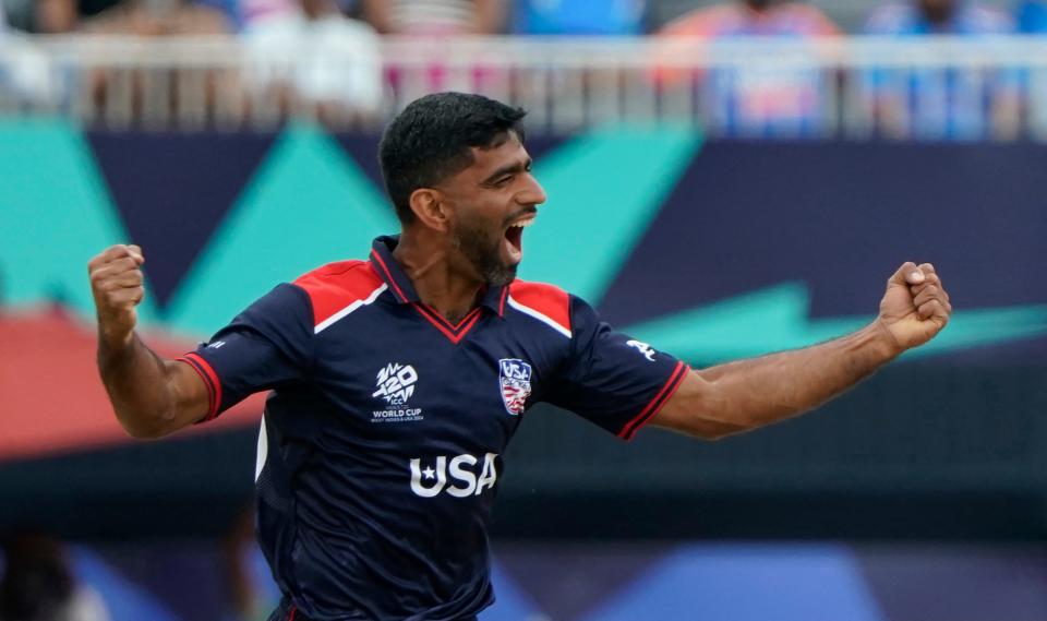 USA's Saurabh Netravalkar celebrates dismissing India's Virat Kohli during the ICC men's Twenty20 World Cup 2024 Group A cricket match between the USA and India at Nassau County International Cricket Stadium in East Meadow, New York on June 12, 2024.