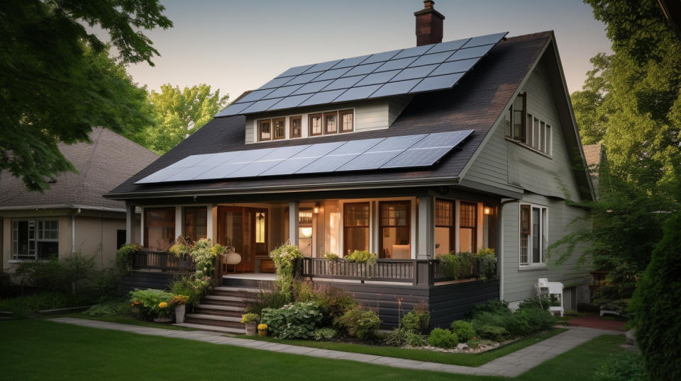 A residential home with solar panels installed on its roof, showing the company's commitment to renewable energy.