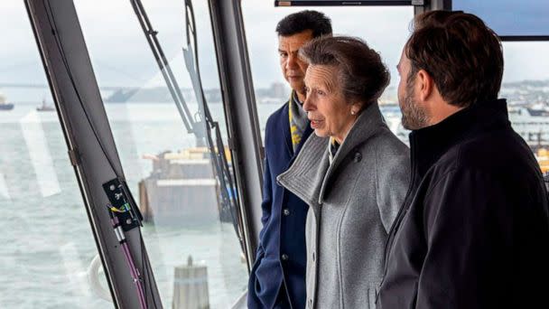 PHOTO: Princess Anne, accompanied by the New York City Department of Transportation Commissioner Ydanis Rodriguez, rides in the pilothouse of the Staten Island Ferry 'Sandy Ground,' Oct. 4, 2022, in New York City. (NYC Dept. of Transportation via AP)