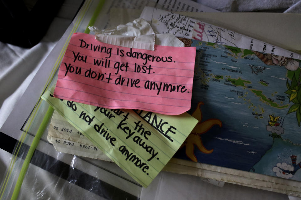 Notes handwritten by Jessica Guthrie in the early years of her mother's Alzheimer's diagnosis indicating reminders to Constance that she should not drive anymore and that it is unsafe to do so are seen at home in Fredericksburg, Va., on Thursday, Sept. 1, 2022. (AP Photo/Noreen Nasir)